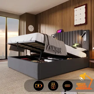 Sweiko Polsterbett 160x200,Doppelbett Stauraum Bettkasten ,Leselicht mit USB Ladefunktion Kopfteil,Rückenlehne mit Nietendesign,Bett mit Lattenrost und Bettkasten, Baumwolle, Grau (Ohne Matratze) - Grau