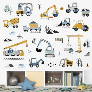 decalmile Wandtattoo Kinderzimmer Fahrzeuge Baustelle Wandaufkleber Baufahrzeuge Traktor Bagger Auto Wandsticker Jungen Spielzimmer Wanddeko