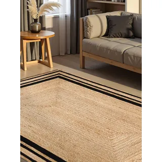 Hanse Home Looma - Jute Teppich, Natürlich & Handgemacht, Naturteppich Robust mit Bordüre, Boho Look Wohnzimmerteppich für Wohnzimmer, Schlafzimmer, Esszimmer, Flur - Natur Gold Schwarz, 120x170 cm