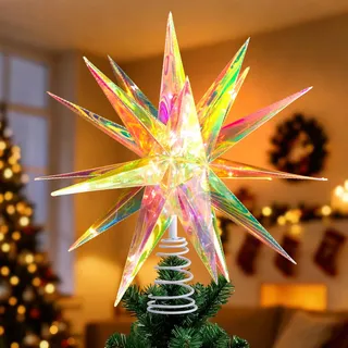 SUNBEAUTY 35 cm Weihnachtsstern Beleuchtet Außen,Weihnachtsbaumspitze Weihnachtsbaum Stern,Leuchtstern Outdoor LED Weihnachtsstern zum Aufhängen,3D Irisierender Stern Weihnachtsdeko Christbaumschmuck