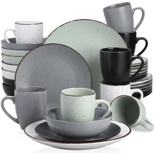 Tafelservice Steingut, vancasso MODA Geschirrset, Vintage Aussehen, 32-teiliges Kombiservice mit je 8 Speisetellern, Kuchentellern, Schalen und Tassen