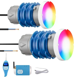 LyLmLe Mini LED Poolbeleuchtung mit 1-1/2 zoll Außengewinde, 6W RGB Poollampe Synchronsteuerung mit Controller & Fernbedienung, Ø49mm, 12V AC Poolscheinwerfer für Beton/Styroporpools SPA, 2er-Set