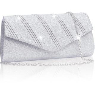 Larcenciel Clutch Silber, Glitzer Damen Handtasche mit Kette, Metallisch Pailletten Abendtasche für Braut, Elegant Tasche Envelope Crossbody Umhängetasche für Hochzeit Party Freizeit Date, 22×6×11cm