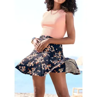 Hosenrock LASCANA "mit Blümchendruck aus Viskosejersey", Damen, Gr. 34, bunt (marine, koralle bedruckt), Jersey, Obermaterial: 95% Viskose, 5% Elasthan, bedruckt, geblümt, figurumspielend kurz, Röcke Hosenrock, kurzer Jerseyrock, Sommerrock mit fixierter Shorts, Skort, Minirock, Topseller