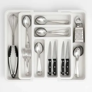 Edihome, Besteckkasten für Schubla, Besteckeinsatz für Schubladen, Küchenschubladen Organizer, erweiterbare Besteckschublade Einsatz, 6 bis 8 Fächern, no BPA, Küchenutensilien, Verstellbar (Weiß)