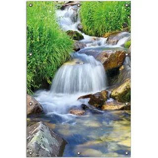 Wallario Outdoor-Poster für Garten oder Balkon, Motiv Kleiner Bach über Steine, in ca. 80 x 120 cm - Grün