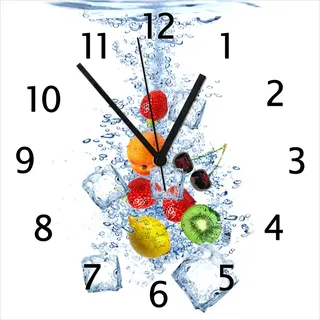 Wallario Design Wanduhr Obst-Eiswürfel-Mix im Wasser mit weißem Hintergrund aus Echtglas, Größe 30 x 30 cm - Weiß