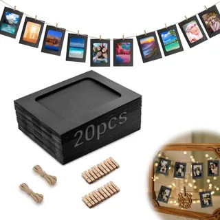 Mbsomnus 20 Stück Fotoleine mit Klammern 10x15 cm Fotogirlande Papier Bilderrahmen Schwarz mit 20 Stück Holzklammern 2 Stück Hanfseil Karton Fotorahmen 6 Zoll für DIY Geburtstag Hochzeit Party Wand