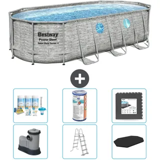 Bestway Oval Power Steel Swim Vista Swimmingpool – Steindruck – 549 x 274 x 122 – inklusive Pumpe – Leiter – Abdeckung Wartungspaket - Filter - Bodenfliesen