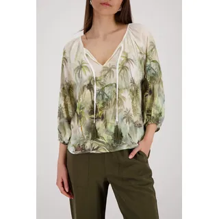 Schlupfbluse MONARI "Bluse Tropical Allover", Damen, Gr. 38, bunt (olive gem), Web, Obermaterial: 100% Viskose, gemustert, regular fit taillenbedeckt, Rundhals, Raglanärmel angesetztes Bündchen, Blusen Schlupfbluse, Regular fit mit tropischem Print