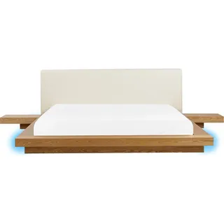 BELIANI LED-Bett Naturfarbene Esche Kunstleder u. MDF-Platte Holzfurnier Lattenrost 180x200 cm 2 Nachttische Hohes Kopfteil Japanischer Stil Futonbett - Braun, Weiß