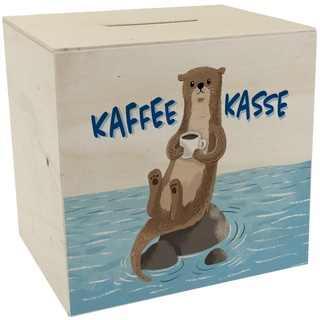 Kaffeekasse Spardose aus Holz mit niedlichem Otter EIN buntes Sparschwein für die Rezeption Otter Kaffeetasse Motiv Lustige Sparbüchse Männer Fischotter Arbeitsplatz Kaffeepause