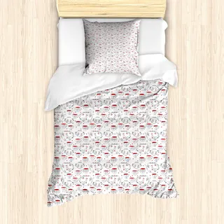 ABAKUHAUS Tee-Party Mantele, Doodle Stil Geschirr, Milbensicher Allergiker geeignet mit Kissenbezügen, 135 cm x 200 cm - 80 x 80 cm, Rot Schwarz Weiß - Rot