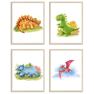 WIETRE® 4er Set Bilder Dinosaurier Kinderzimmer Babyzimmer Deko | Bild Junge Mädchen Poster DIN A4 | Dinos T-Rex Tiere (ohne Rahmen)