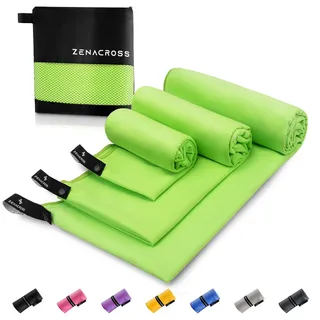 ZENACROSS Mikrofaser Handtuch (3er-Set) mit Transportbeutel - Schnelltrocknendes und vielseitiges Fitness Handtuch - Sporthandtuch Größen S, M, L - Grün