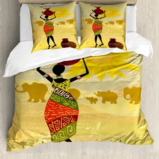 ABAKUHAUS afrikanische Frau Bettbezugs Set Für Doppelbetten, Elefanten Sonne, Milbensicher Allergiker geeignet mit Kissenbezügen, Mehrfarbig