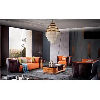 Klassische Garnitur 3+2+1 Sitzer Polster Sofagarnitur Couch Sofa 100% Leder Sofa - Orange