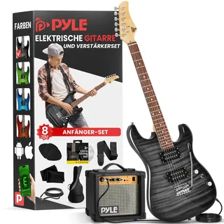 Pyle Audio Pyle E Gitarre Set – Electric Guitar Set mit Verstärker 10 Watt – Gitarre 4/4 aus Holz Massiv für Kinder & Erwachsene inkl. Tasche, Kabel, Stimmgerät, Ersatzsaiten, Schultergurt & Plektren – Schwarz