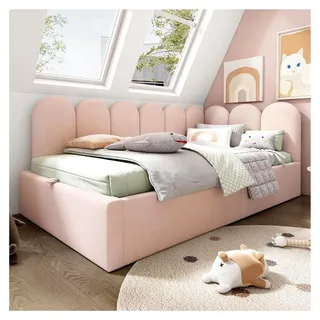 Polsterbett Schlafsofa 90x190cm, Tagesbett mit hydraulischem Stauraum, Kinderbett mit Gitter-Design, Einzelbett mit Metall-Lattenrost, Gästebett Jugendbett, Samtstoff, ohne Matratze, Rosa - Rosa
