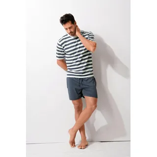 Pyjama H.I.S, Herren, Gr. 44/46 (S), blau (navy, cream), Jersey, Obermaterial: 60% Baumwolle, 40% Polyester, gestreift, Basic, bequem kurz, Rundhals, abgesteppte Kante, Homewear-Sets Pyjama, Schlafanzug aus Baumwoll-Mix, Topseller