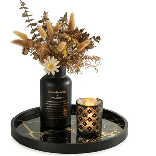 Hanobe Deko Tablett Rund Schwarz Marmoroptik Dekotablett für Tischdeko | Modern Serviertablett für Wohnzimmer, Kaffee Tisch, Couchtisch, Esstisch, Klein Dekoteller 30cm