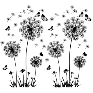 2 Stück Schwarz Wandtattoo Pusteblumen für Wanddeko, XXL Groß Löwenzahn Blumen Pflanzen Wandsticker Wandaufkleber Kleben Aufkleber Wandbilder für Wohnzimmer Schlafzimmer Vorraum Fenster 165X130cm