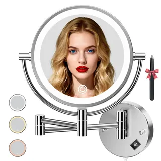 Auxmir Kosmetikspiegel mit LED Beleuchtung 1X/20X Vergrößerung, Dimmbarer Schminkspiegel mit Touchschalter, 3 Farbe Einstellbar, Rasierspiegel Wandmontage für Badezimmer, Spa und Hotel