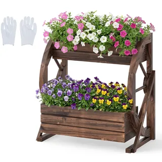 FANTASK Blumenkasten mit Wagenrad, 56 x 33 x 56,5 cm, Vertikales Hochbeet mit Ablauflöchern, 2 Etagen dekorativer Blumenbeet, rustikal Gartendekoration mit Halbrädern für Terrasse Balkon Garten, Braun