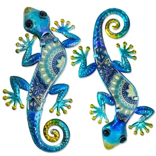 HONGLAND Wandbild Metall-Gecko-Wandkunst, 2 Stück, Outdoor-Wanddekoration,Wanddeko Outdoor, Eidechse, Metall-Wanddekoration, Glas-Skulptur für Garten, Hof, Terrasse, Zaun, Zuhause (blau)