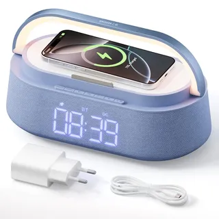 COLSUR Radiowecker Digital mit Wireless Charger, Bluetooth Lautsprecher Smart Wecker Schlummerfunktion Induktive Ladestation mit Licht Nachtlampe, Dimmbares LED Display, Geschenke für Männer Frauen