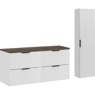 Badezimmermöbel 120 cm, mattweiß, mit Arbeitsplatte Santa Fe und hohem Schrank - Weiß