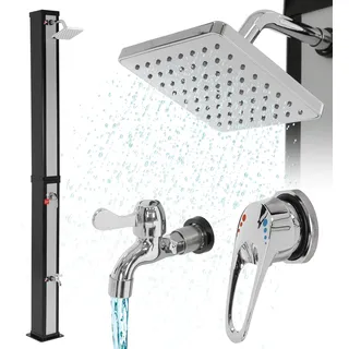 ML-Design Solardusche 40L 217cm eckig mit Fußdusche und Regenduschkopf, Silber-Schwarz, warmes Wasser, 60°C ohne Stromanschluss, mit Gartenschlauch-Anschluss - Silber