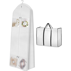 MISSLO Portable 177,8cm Kleidersack Brautkleid Abdeckungen mit Tragetasche 20cm Zwickel Abendkleid Kleidersack für Lang Kleider mit 4 Taschen Kleiderschutzhülle für Frauen, Weiß