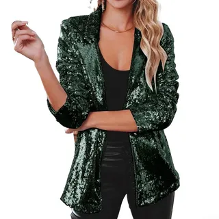 SPORTARC Nightclub Pailletten Blazer Damen Schimmer Glitzer Jacke Mantel Oberbekleidung (XXXL Dunkelgrün)