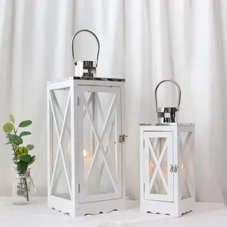 TRIROCKS 2 Stück Kerzenlaterne 63 cm & 46 cm Hoch Weiß Rechteck aus Holz Dekorative Hängende Metall Kerzenhalter mit Glas Outdoor Laterne für Idyllisch Gartendeko Balkon Hochzeit