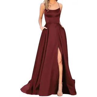 Ballkleider Off Shoulder Kleider Damen Lang Elegant Hochzeit A-Linie Criss-Cross Satin Spaghetti Party Prom Maxi Dress Abendkleider Schlitz Brautkleid Festkleider