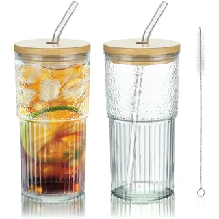 Joeyan 720ml Trinkgläser mit Strohhalm und Bambusdeckel,2er Set Groß Smoothie Becher,Gerippte Gläser für Bubble Tea,Latte Macchiato,Eiskaffee,Matcha,Cocktail für Büro Reise Outdoor, Spülmaschinenfest