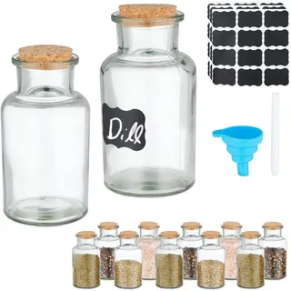 Relaxdays Gewürzgläser 12er Set, Korkdeckel, Gewürzdosen Glas, 250 ml, inkl. Etiketten, Stift & Trichter, transparent, Kork, Silikon