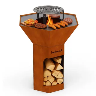 Barbecook BBQ Grill plancha Nestor Original mit erhöhtem Grillrost, Feuerschale mit Feuerplatte aus Cortenstahl, 92x92x101cm