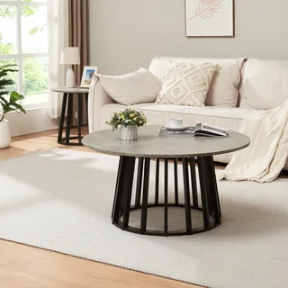 Couchtisch 'Buzzard' Ø90 x 45 cm mit Bambusgestell rund Schwarz/Betonoptik - Grau