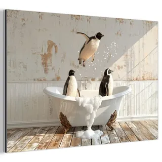 MuchoWow Metallbild Vintage - Pinguin - Badewanne - Schaumstoff 120x80 cm , Schwarz , Metall , Rechteckig , 120x80 cm , einfache und schnelle Anbringung , Bilder & Rahmen, Bilder, Holz & Metallbilder