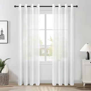 Topfinel Voile Weihnachten Vorhänge Leinenstruktur mit Ösen Lichtdurchlässig Einfarbig für Fenster Wohnzimmer Schlafzimmer Moderne und Elegante Gardine 2er Set je 220x140cm (HxB) Weiß