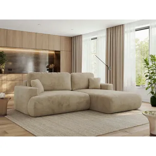 MKS Meble Ecksofa OVO mit Schlaffunktion und Bettkasten, Beige Plüsch, L-form Couch, 4-Sitzer Ecksofa, 271x195x95 cm - Rechts Seite - Beige