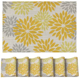 Artoid Mode Blumen Gelb Dahlien Sommer PVC Platzsets 6er Set, 30x45cm Tischsets Schmutzabweisend Hitzebeständig Platzdeckchen Küche Deko