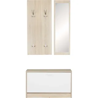 Manahee Design | Wand-Garderobe SALERNO mit Spiegel & Schuhschrank Sonoma | Modernes Design | 80 x 100 x 27 cm - Weiß, Silber