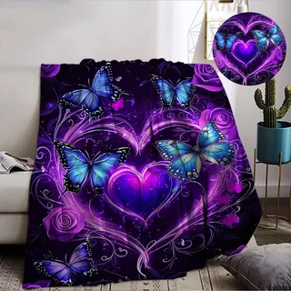 IUNTWEIE Kuscheldecke Schmetterling,Weich Rosa Lila Blume Flanell Wohndecke Schmetterling Muster Decke,Violett Schmetterlingdecke für Kind (D, 150x200cm)