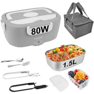 ErayLife Elektrische Lunchbox 80W, 3-in-1 Lunch Box Elektrisch 12V/ 24V/ 220V für Essen, Auslaufsichere und Tragbarer 1,5L Warmhaltebehälter für Auto/LKW und Büro, Grau