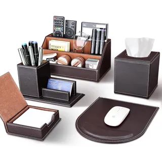 KINGFOM Büro Zubehör Set Braun, 5Pcs PU Leder Schreibtisch Set mit Schreibtisch Organizer, Kosmetiktücherbox, Mauspad, Stifthalter mit Visitenkartenetui und Zettelbox (T50K-Braun)
