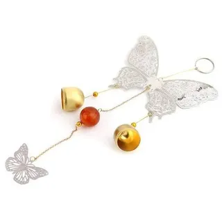 lachineuse – Schmetterlings-Windspiel – Windspiel aus Holz und Metall für draußen – Metallisch mit Glöckchen – Weiß und Gold – Ideal für draußen, drinnen, Gärten – Asiatisch-chinesische Atmosphäre