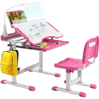 COSTWAY Kinderschreibtisch Set mit Bücherständer& LED-Licht, höhenverstellbarer Kindertisch und Stuhl mit gekippter Tischplatte&Schublade, Kinder Schreibtischfür Jungs & Mädchen (Rosa) - Rosa